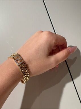 Gold Double-Row Chain Bracelet with Pavé Logo Accent